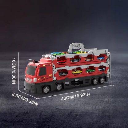 Kids Folding Transporter Truck Toy with Launch Track & Alloy Racing Cars – Large Car Carrier Playset for Children