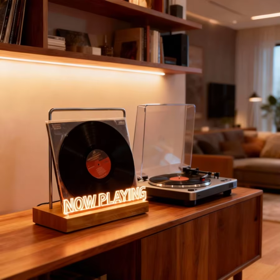 LED Vinyl Record Display Stand | Light-Up Acrylic Album Holder with Warm White Light | Modern Music Room Décor