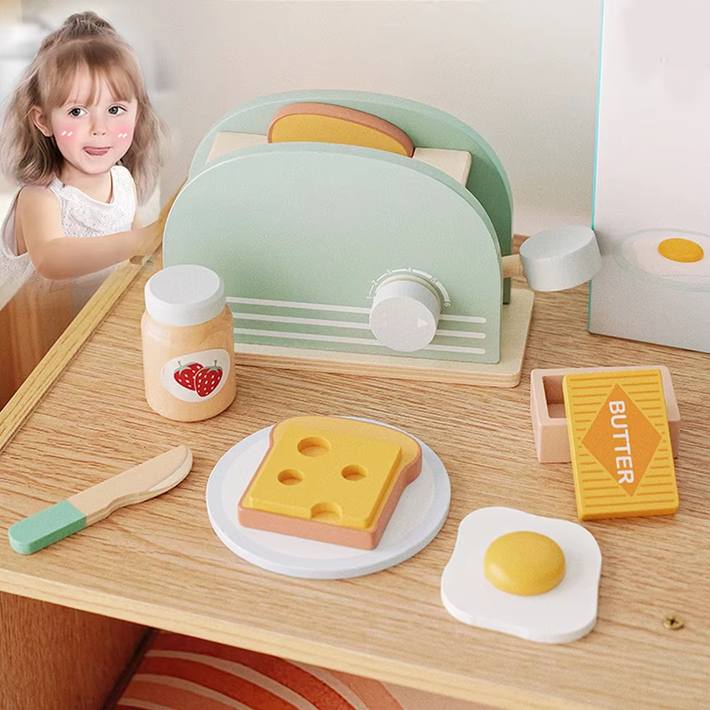 Wooden Toaster Toy Set for Kids – Pretend Play Breakfast Kitchen Playset with Bread & Accessories | Montessori Educational Gift