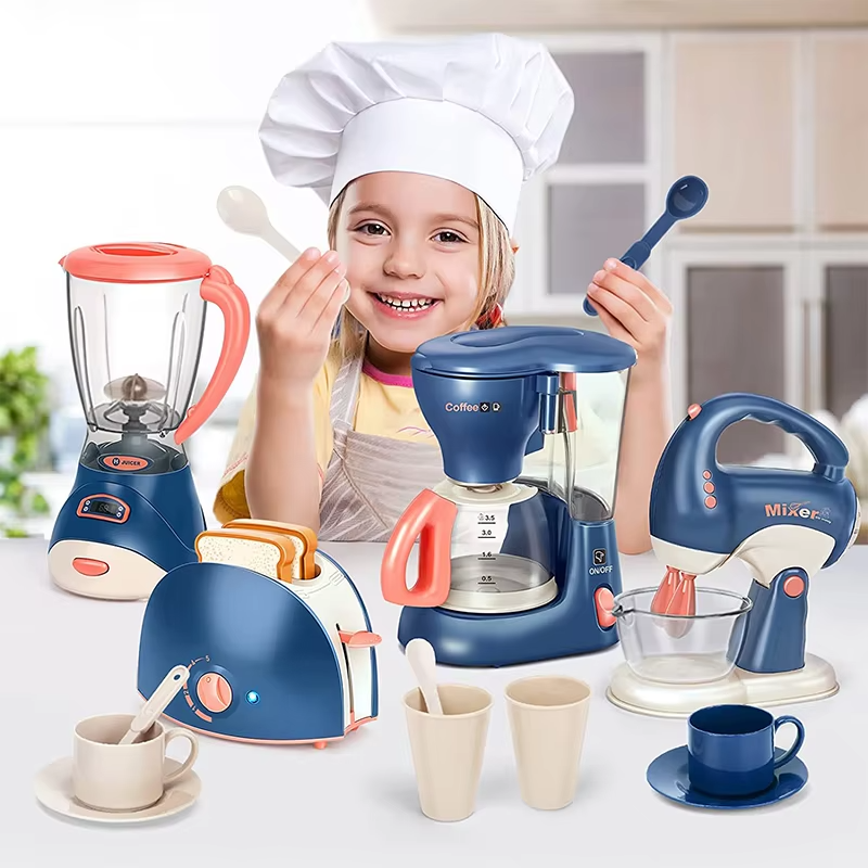 Kids Wooden Kitchen Appliance Toy Set – Pretend Play Coffee Maker, Blender, Mixer & Toaster | Educational Role Play Gift