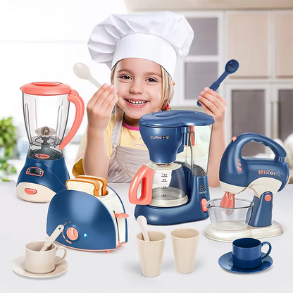 Kids Wooden Kitchen Appliance Toy Set – Pretend Play Coffee Maker, Blender, Mixer & Toaster | Educational Role Play Gift