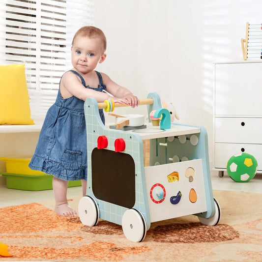 Wooden Montessori Baby Walker & 6-in-1 Activity Centre with Play Kitchen