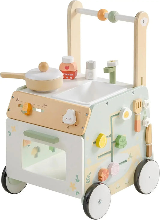 Wooden Montessori Baby Walker & Activity Centre | Adjustable Push Walker